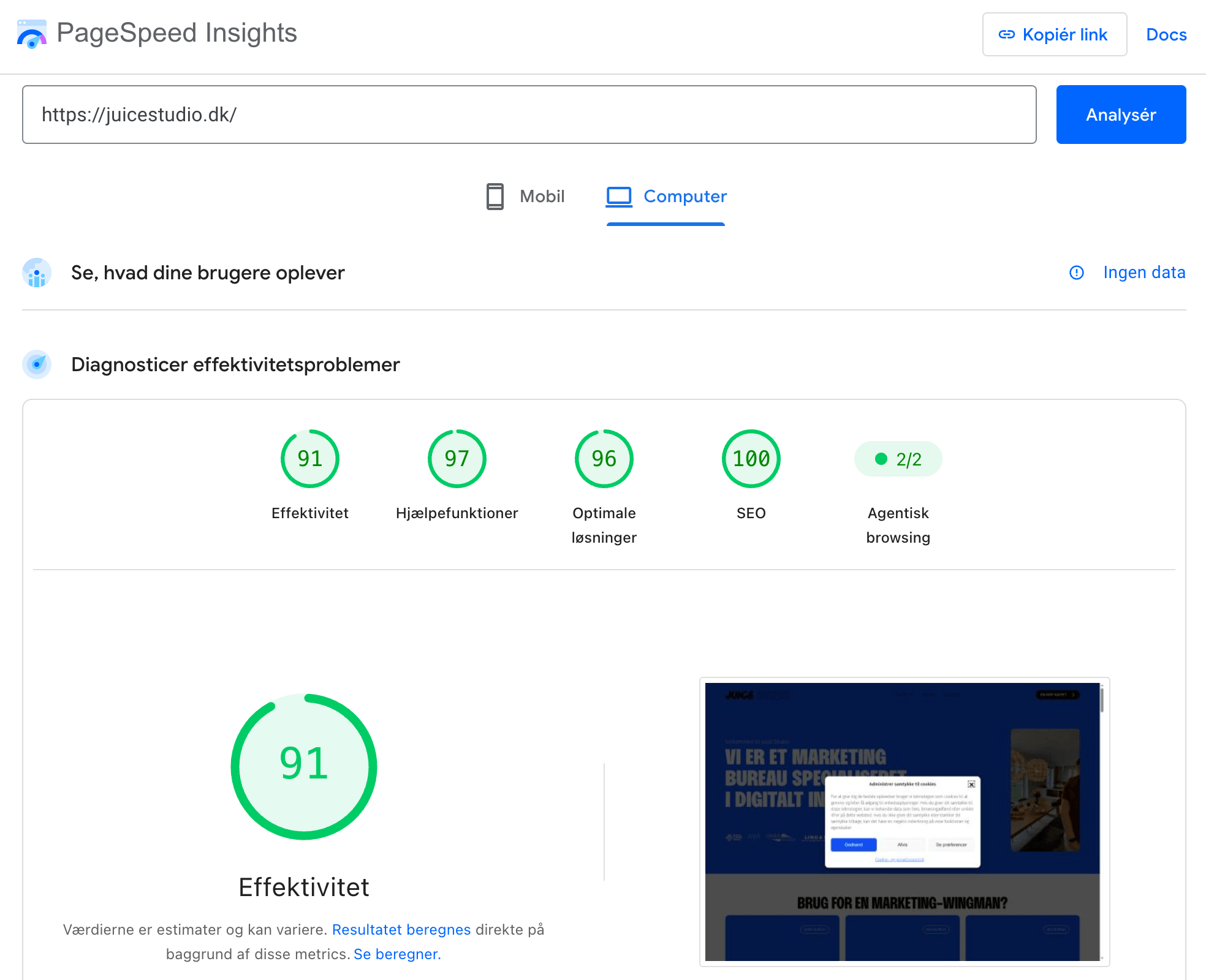 PageSpeed Insights for juicestudio.dk